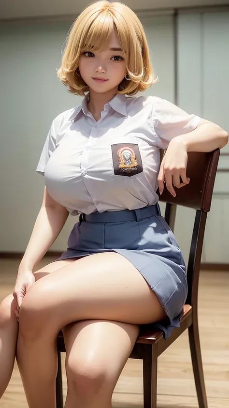 1 woman, 17 years old, (curly bob, blonde hair), plump body, black eyes, Indonesian high-school uniform, (wearing transparent white shirt, showing bra), osis logo on shirt pocket, huge XL breasts, light-grey pleated skirt, sitting on a chair, seductive pos...