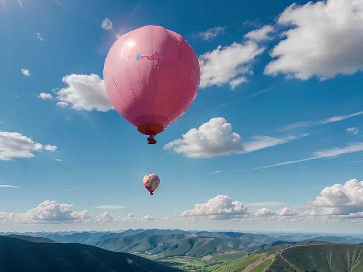 a helium balloon, a lonely pink balloon flying on a plain beautiful blue sky with clouds. high quality, HD, FULLHD