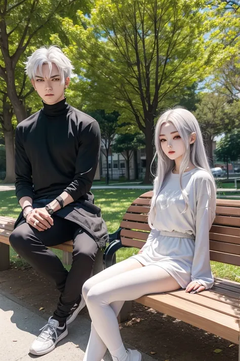 Human robot perfect face red eyes silver hair angry expression in park sitting on wooden bench green lawn sunny afternoon 