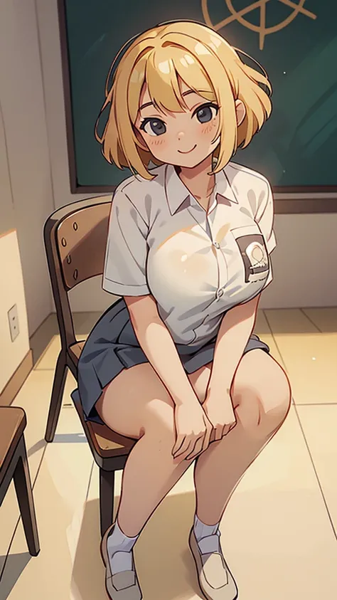 1 woman, 17 years old, (curly bob, blonde hair), plump body, black eyes, Indonesian high-school uniform, (wearing transparent white shirt, showing bra), osis logo on shirt pocket, huge XL breasts, light-grey pleated skirt, sitting on a chair, seductive pos...