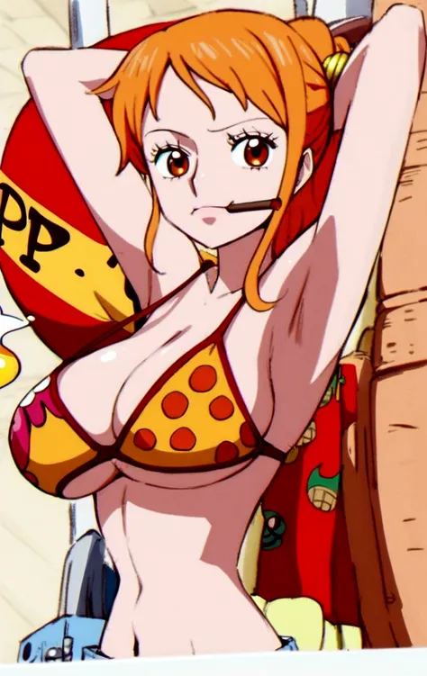 a cartoon picture of a woman in a bikini top and jeans, nami one piece, nami from one piece, nami, beautiful portrait of nami, from one piece, oppai, blue eyes, smoking, ponytail