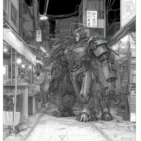 steampunk。Hongkong、Abandoned Asian cities、Alley、food stall、Rubber Coat Mecha。Midnight、Mucha、flower、Grasonochrome、Line artだけの塗り絵を作ってください。Line art、Finally, create the bottom of the coloring book.