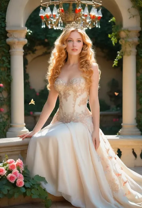 princess in blissful languor, beautiful detailed eyes, beautiful detailed lips, flowing gown, dreamy expression, golden hair cascading down, sparkling tiara, strawberry blonde curls, royal palace, soft sunlight filtering through stained glass windows, exqu...