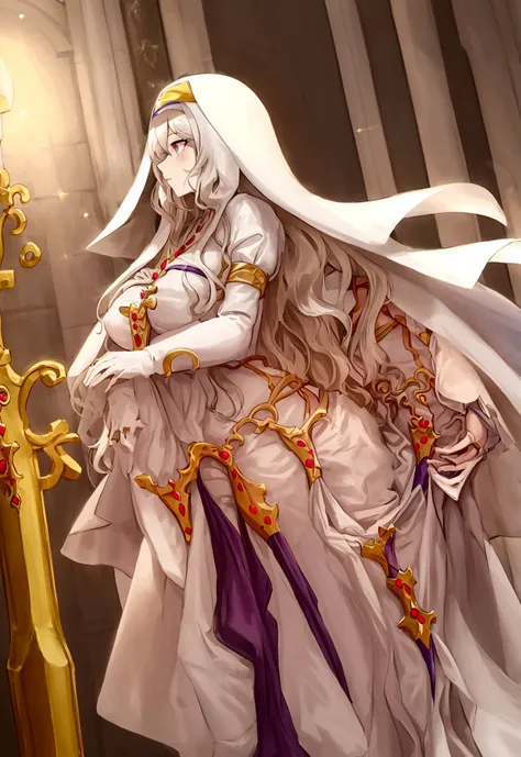 anime styling, best quality, pale white woman, Very Long Pastel Pink Hair, some wavy locks, bangss, purples eyes, nun (nun), dressed in royal clothes in black and white tones full of golden details, body covered. She is praying with a serious expression on...