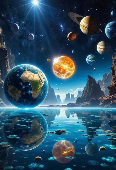 (Better lighting, Best shade, artwork, high quality), colorful, Lively, Summer mood, "Imagine an educational setting deep within the vast ocean, Where the wonders of the solar system are revealed in surreal and fascinating exhibits. floating in crystal cle...