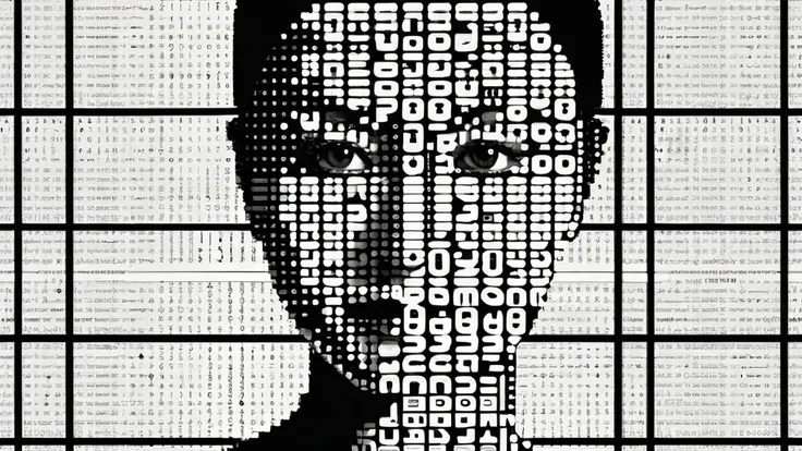 A woman,face front to the viewer, portrait composed of typographical elements,ASCII art aesthetic,monochrome,intricate details,creative use of letter shapes and negative space,high contrast,post-digital,