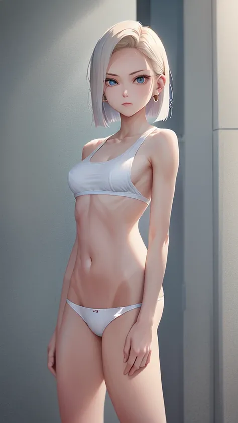 premium, A high resolution, 18 with, 1 girl in, Android 18, Alone, by rubio, blue eyes, short detailed hair, ear nipple ring, joya, Camiseta deportiva sleeveless,You can see the white panties on the knees., mini panties,sleeveless、Beautiful facial features...