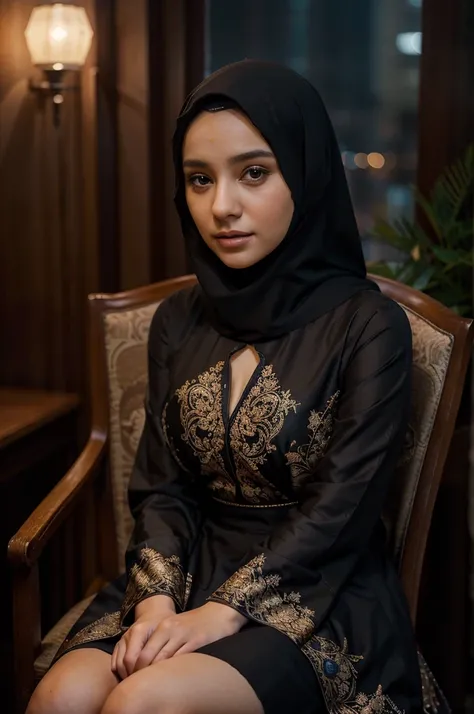 a beautiful young woman sitting on a chair, wearing a hijab and a long-sleeved dress with decorations on the chest area. The background looks softly blurred with warm bokeh light, indicating a twilight atmosphere. The womans face is hidden.