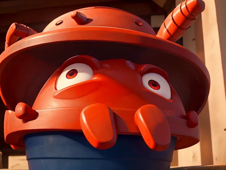 a big red lobster inside a bucket staring at the viewer with an angry expression