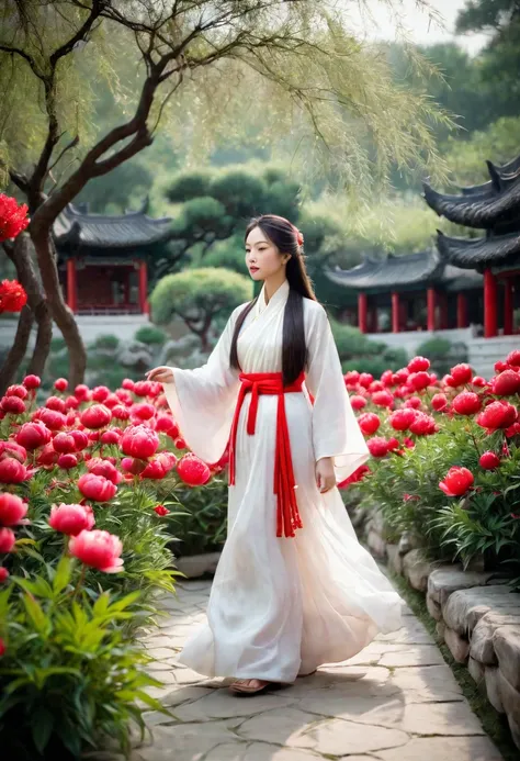 a woman wearing a white dress walking in a garden with red and white peony flowers in the foreground, a girl wearing hanfu tradi...