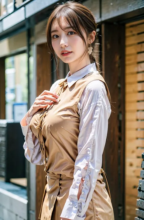 （（Cream hair color、砂浜でsmileで撮影:1.4））、Sleeveless、Outdoor shots、Cute clothes、Tie your hair、Cream hair color、Leather Belt、Her huge breasts are obvious even through her clothes..、Small earrings、Light brown hair color、Tie your hair:1.4））、Shiny Hair、Light beige ...