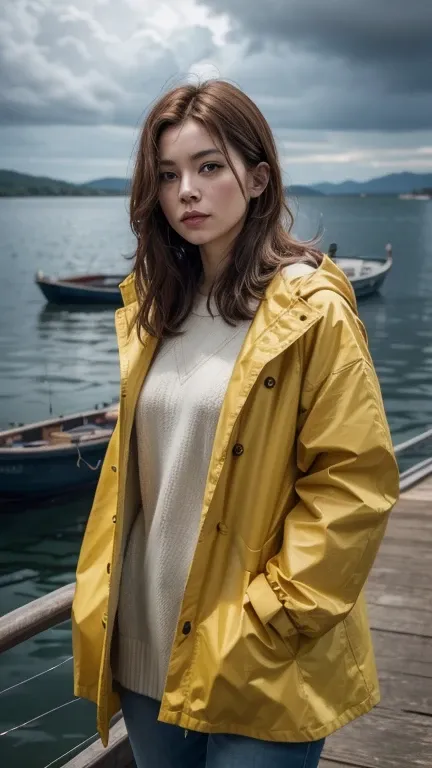 (work of art:1.2), best qualityer, photo of beautiful female fisherman, russet hair, 40 year old, wearing yellow raincoat,  (not fishing boat:1.3),  dark clouds, Photorealisitic, Hyperrealisitic, hyperdetailed, analog style, tilted hip, demure, low cut, sk...