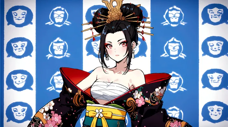 1girl, 独奏, black hair, hair ornament, bare shoulders, japanese clothes, kimono, off shoulder, hair bun, sash, sarashi,　Oiran