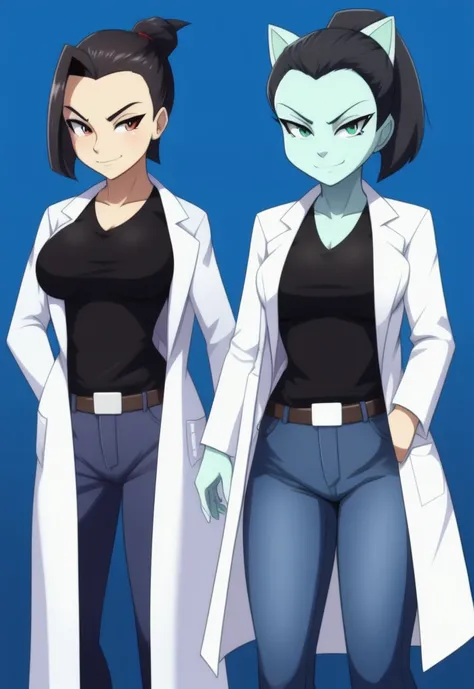 marie itami, furry, female, labcoat, black shirt, jeans, smirk, bust, hands in pockets