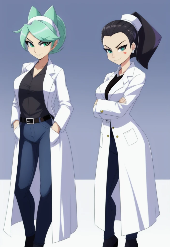 marie itami, furry, female, labcoat, black shirt, jeans, smirk, bust, hands in pockets