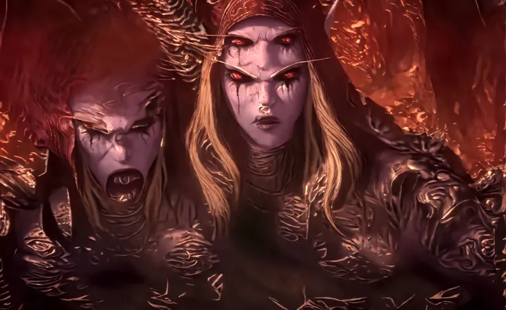 a close up of a woman with a demonic face and a skull, sylvanas windrunner, world of warcraft art style, world of warcraft splas...