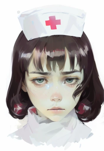 a close up of a woman with a nurse hat on, nurse girl, nurse, inspired by Gottfried Helnwein, inspired by Ayako Rokkaku, pale young ghost girl, haunted sad expression, digital sketch, digital painted, drawn with photoshop, digital drawing, gorillaz phase 1...