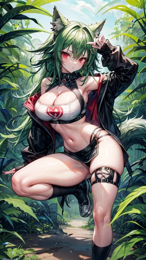   , Croped, , cleavage, slim waist, cropped hoodie underboob, cropped hoodieunderboobhoodie, 1girl, 2 wolf ears, wolf tail, marijuana crop hoodie, crop shorts, marijuana hoodie, spiky hair, spiky fur, green hair, red eyes,marijuana field scenery, tight clo...