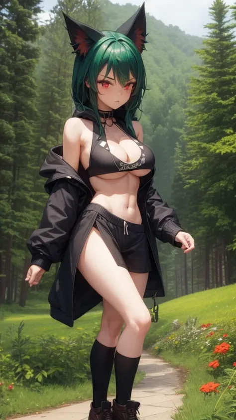   , Croped, , cleavage, slim waist, cropped hoodie underboob, cropped hoodieunderboobhoodie, 1girl, 2 wolf ears, wolf tail, marijuana crop hoodie, crop shorts, marijuana hoodie, spiky hair, spiky fur, green hair, red eyes,marijuana field scenery, tight clo...