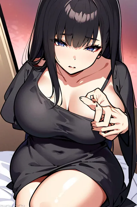 a mature woman with large breasts, small waist, and wide hips, wearing a black dress that is open at the bust, with long black hair with pink tips, lying on a soft bed, (best quality,4k,8k,highres,masterpiece:1.2),ultra-detailed,(realistic,photorealistic,p...