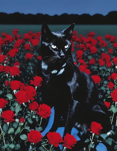 film photography, vintage, fashion shoot of black cat in field of red roses, blue dark background