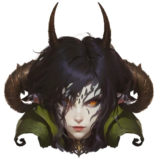 a close up of a person with horns and a face, tiefling female warlock, portrait demon half human, face of a pale alien cultist, tiefling, attractive tiefling druid, horned god, with horns, girl design lush horns, devious evil expression, mara demon, dnd po...