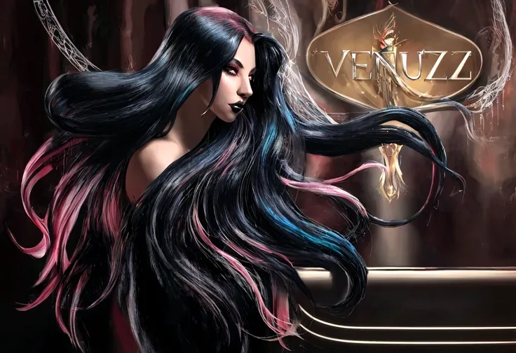 a close up of a woman with long black hair and a sign, ventail, exquisite digital illustration, long flowing medusa hair, girl v...