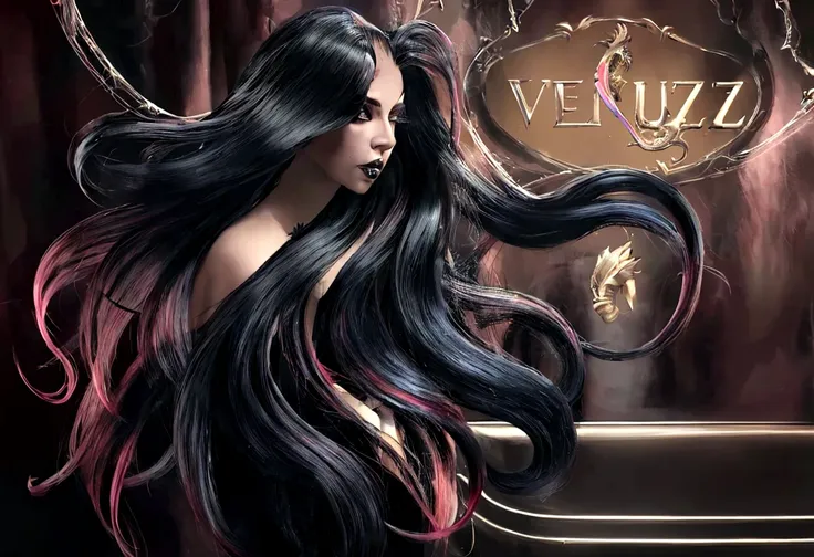 a close up of a woman with long black hair and a sign, ventail, exquisite digital illustration, long flowing medusa hair, girl v...