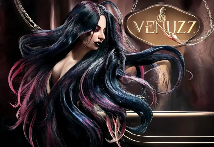 a close up of a woman with long black hair and a sign, ventail, exquisite digital illustration, long flowing medusa hair, girl v...