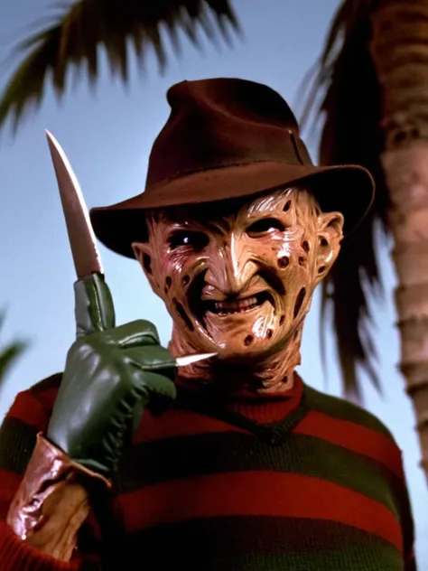 freddy krueger show middle finger, close-up, smiling, cinematic, film still, palm tree brown knife glove