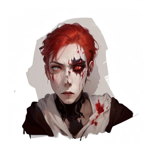 there is a drawing of a woman with red hair and a white face, tired and haunted expression, ((red)) baggy eyes, androgynous vampire, his eyes are bleeding intense, sad vampire, haunted and sad expression, face and skin is dark red, tired haunted expression...