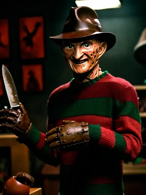 freddy krueger in a toys room, dark background, horror lighting, creepy, dirty fornitures, close-up, smiling, cinematic, film st...