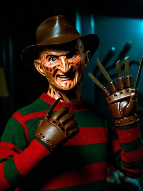 freddy krueger in a toys room, dark background, horror lighting, creepy, dirty fornitures, close-up, smiling, cinematic, film st...