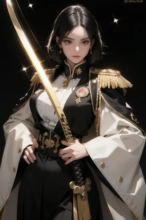 sHe has short black hair, dark brown eyes,  wearing a white naval uniform with black and gold accents and a katana sword often at her left hip. wearing a more ornate version, with gold epaulets and frog clasps down in the front of the jacket.  SPARKLE; GLI...