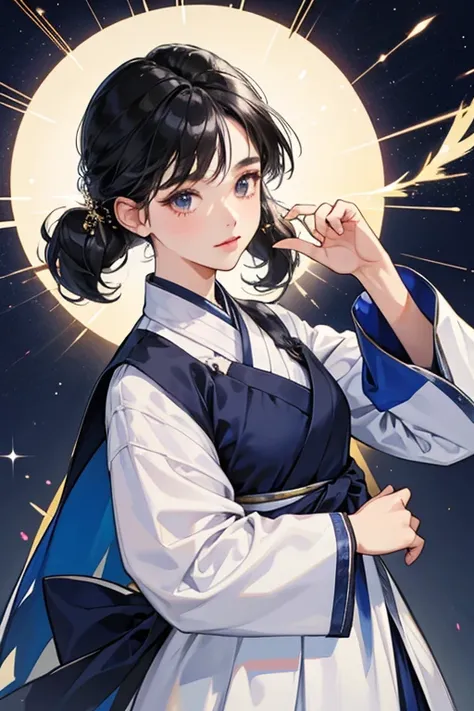 she has short black hair, with a flyaway curl on the right side of her head. The curl is often drawn with a face in the middle, to represent her "Korean spirit". sHe dresses in a white and navy blue hanbok with long oversized sleeves, SPARKLE; GLITTER