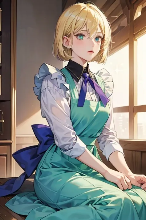 Liechtenstein is a girl who has blonde hair in a chin-length bob cut , and green eyes. She wears a blue/purple ribbon on the right side of her head.  she was shown to wear a pink dress and apron. SPARKLE; GLITTER