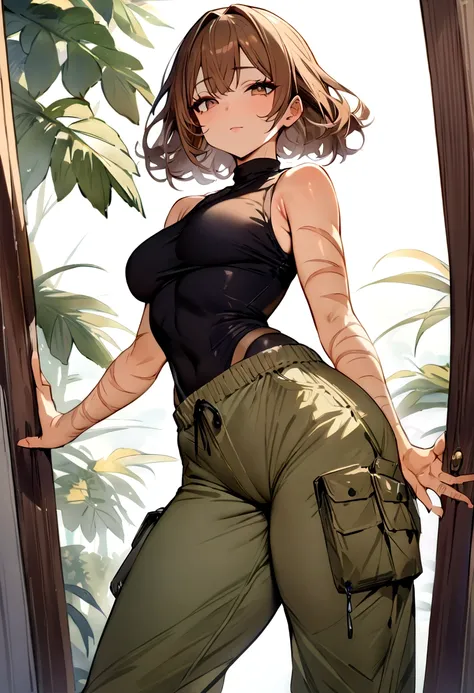 (masterpiece, best quality:1.2), Brown wavy haired girl, butterfly haircut, hazel eyes, light scars on arms, black sleeveless turtleneck compression shirt, wide-legged cargo pants