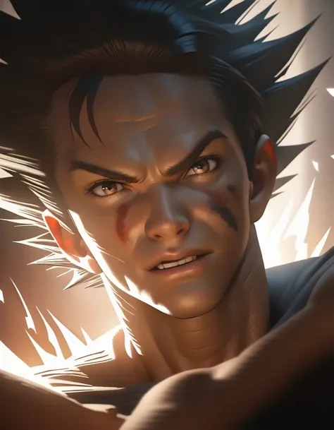 1boy, Goku (Dragon Ball), dirty face, super saiyan, close-up, cinematic angle, foreshortening, dark, dark background, (best quality,4k,8k,highres,masterpiece:1.2),ultra-detailed,(realistic,photorealistic,photo-realistic:1.37),dramatic lighting,chiaroscuro,...