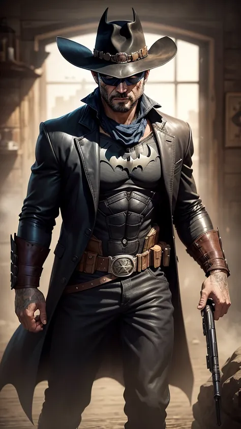 Batman in Wild West style, wearing Cowboys black lather clothes, eye mask, Cowboys hat and bring a pistol, in cowboy city, cinematic, extreem realistic, extreem detailed, extreem Sharp, super high resolution image, best quality photo,