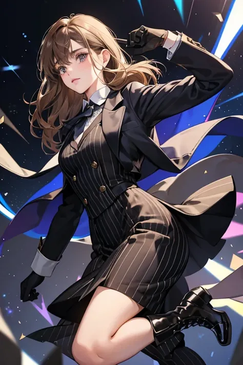 she has short light brown hair with long bangs covering his right eye. sHe wears a dress suit with a ribbon tie, black gloves and shoes. she wearing a blue pinstripe dress shirt with a white vest, black tie, black gloves, tall dark boots, and khaki pants. ...