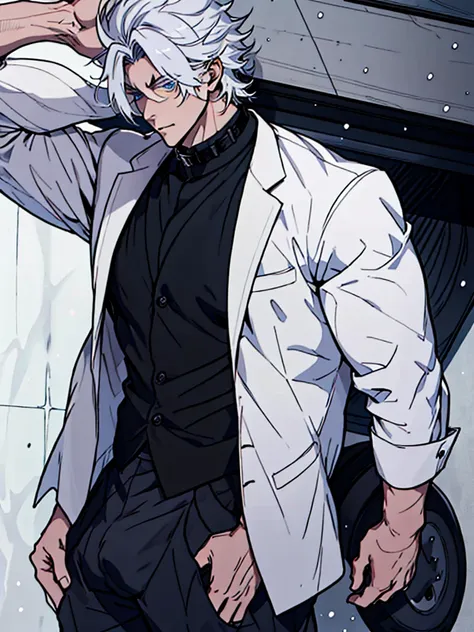 a handsome male, he has white hair, almost always disheveled, and always combed up, like the hair of the character satoru gojo f...