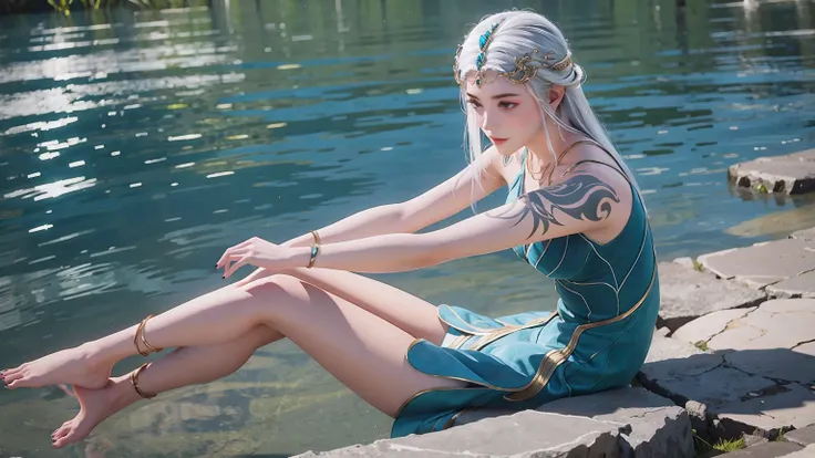 A girl sits on the water with her legs crossed，M Cross-legged，Sitting cross-legged on the water，Legs outward，whole body捕捉，whole body视角，Water Magic，Hands on knees，White hair，Turquoise clothes，barefoot，Turquoise nails，whole body