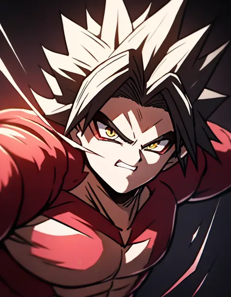 1boy, goku (dragon ball), super saiyan, close-up, cinematic angle, foreshortening, dark background, (best quality, 4k, 8k,highre...