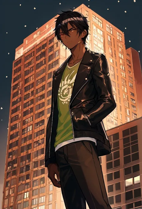 22 year old man, a little muscular,black hair, dark skin color ,A sports sneaker, brown pants, a dark green shirt with a crown print and a black leather jacket, background on top of a building red moon snow, arte the boys, アニメ