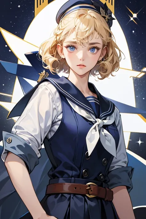 she has short, light blond hair and dark blue/indigo eyes. sHe wears a brown belted, navy blue sailor top with a light blue collar, tie, and cuffs, with matching pants and sailor hat. sHe sports a Nordic Cross barrette in her hair, and has a detached hair-...