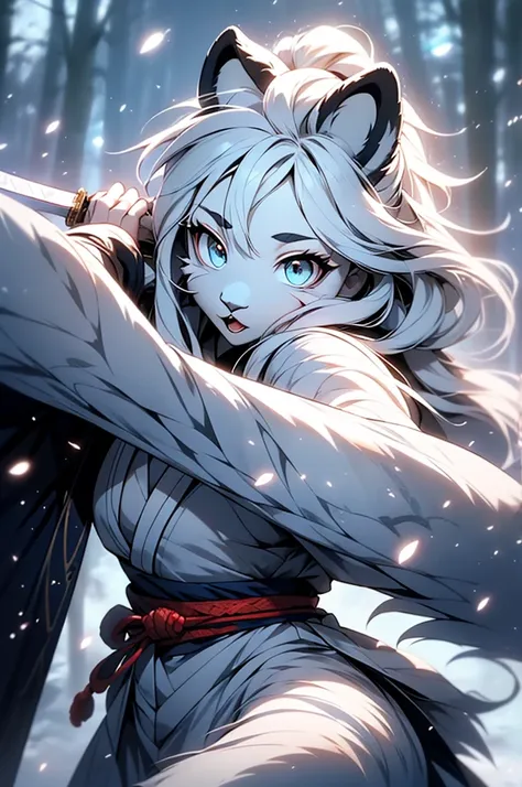 furry，furry，hairy，hairy，White Tiger Maiden，White Tiger Maiden，，Snow and ice theme，Wearing Hanfu，Chinese Hanfu，black vs white，Holding a long sword，Sword in hand，Martial arts style，Martial arts theme，Holding a long sword的White Tiger Maiden，Close-up，Close-up，...