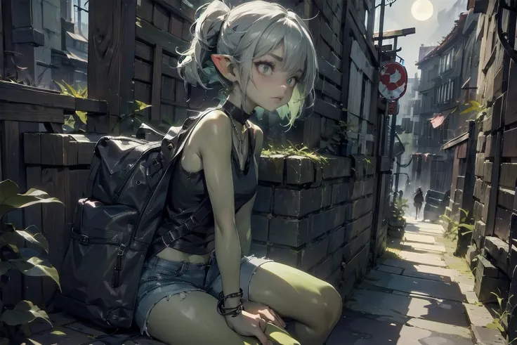 1 girl, solo ((best quality)), ((masterpiece)), (detailed), 4k, deep green skin, tiny pointy ears, 3 foot tall mature goblin wom...