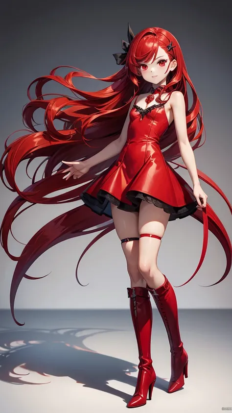 Girl with long red hair spiral curls，vampire，hairpin，small red dress，Bare arms，Bare Legs，stockings，High heel boots，Standing，Big castle