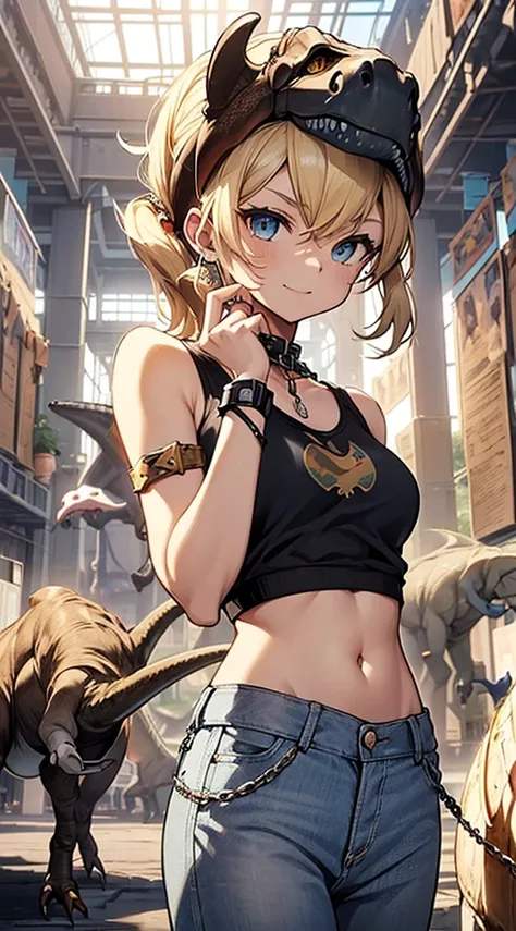 top-quality、Top image quality、​masterpiece、girl with((18year old、tatteredclothing、Black Navel Tank Top、White pants、Best Bust、Bust 85、a blond、disheveled ponytail、Blue eyes、open chest wide、Happiness、Chain Accessories、Black wristband on wrist、Point to the vie...