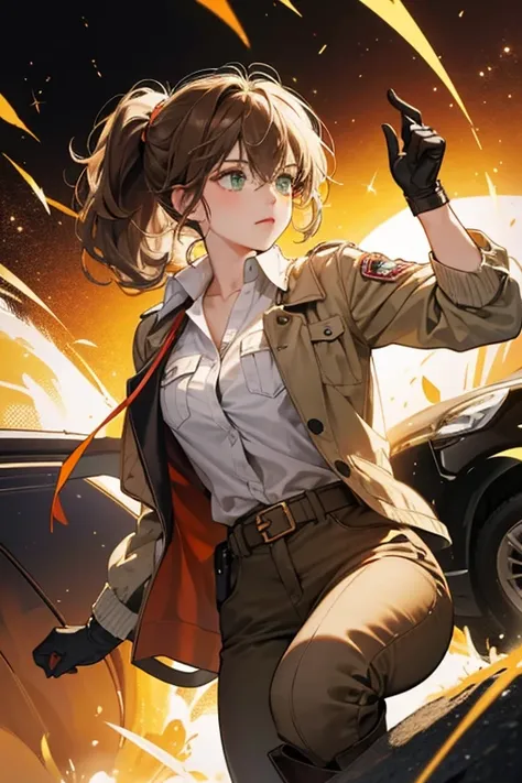 she curly, shaggy hair tied in a short ponytail, and green eyes. sHe has been shown wearing a white button-down shirt with a popped collar, a khaki jacket, and knee-high boots, wearing around his neck what appear to be aviator goggles. sHe also wears dark ...